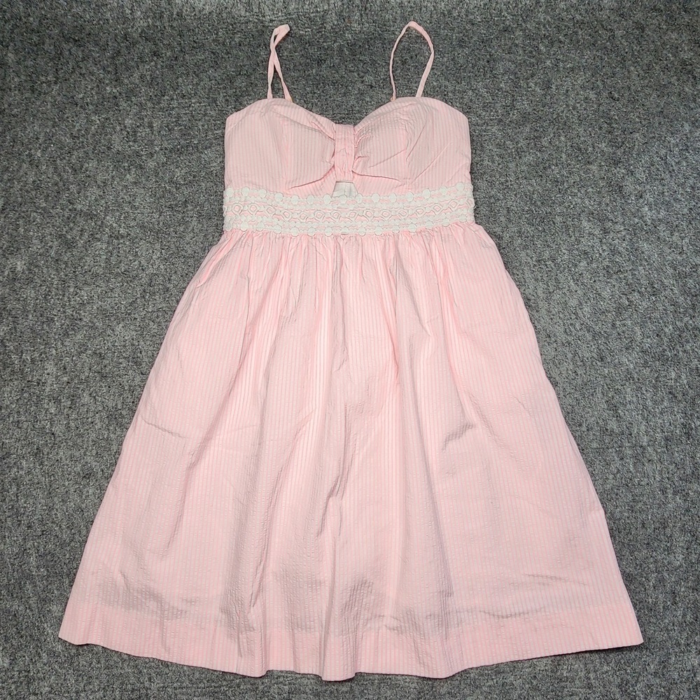 Lilly Pulitzer Pink White Seersucker Stripe Spring Romantic Bow Cutout Dress 4